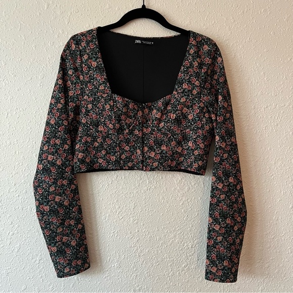 ZARA Pink Ditzy Floral Long Sleeve Corset Bustier Style Crop Top Size Small - Picture 1 of 5